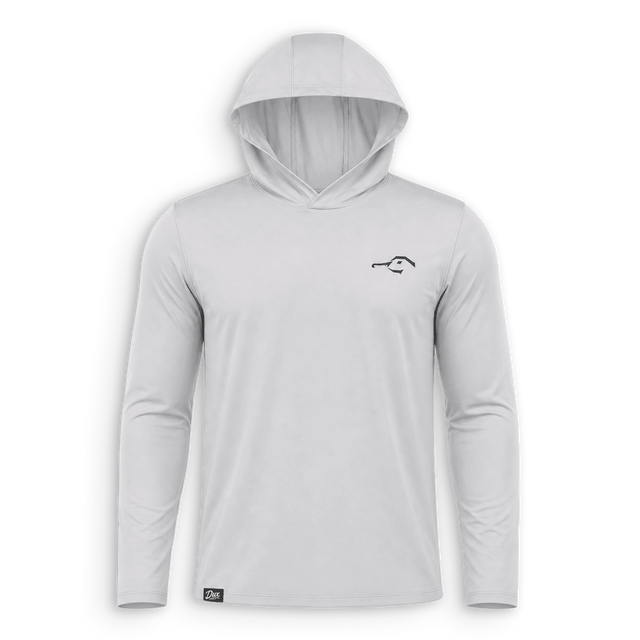 A light gray long-sleeve hooded shirt with a small black fish logo on the left chest, displayed on a clean white background.