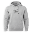 A light heather gray pullover hoodie with a front kangaroo pocket and drawstrings, featuring a dark gray graphic of a winged figure and the text 'LUX' on the chest.