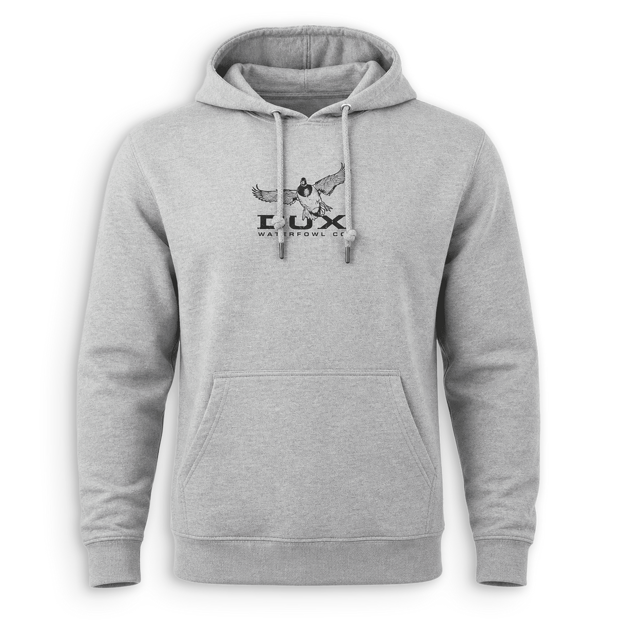 A light heather gray pullover hoodie with a front kangaroo pocket and drawstrings, featuring a dark gray graphic of a winged figure and the text 'LUX' on the chest.