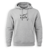 A light heather gray pullover hoodie with a front kangaroo pocket and drawstrings, featuring a dark gray graphic of a winged figure and the text 'LUX' on the chest.