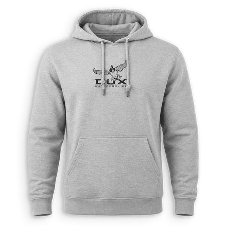 A light heather gray pullover hoodie with a front kangaroo pocket and drawstrings, featuring a dark gray graphic of a winged figure and the text 'LUX' on the chest.