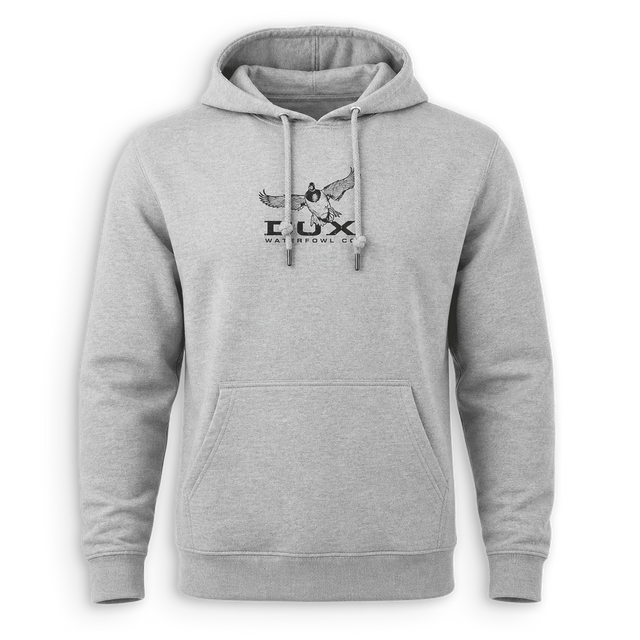 A light heather gray pullover hoodie with a front kangaroo pocket and drawstrings, featuring a dark gray graphic of a winged figure and the text 'LUX' on the chest.