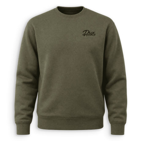 An olive green crewneck sweatshirt with a small black embroidered 'Dux' logo on the left chest, displayed against a clean white background.