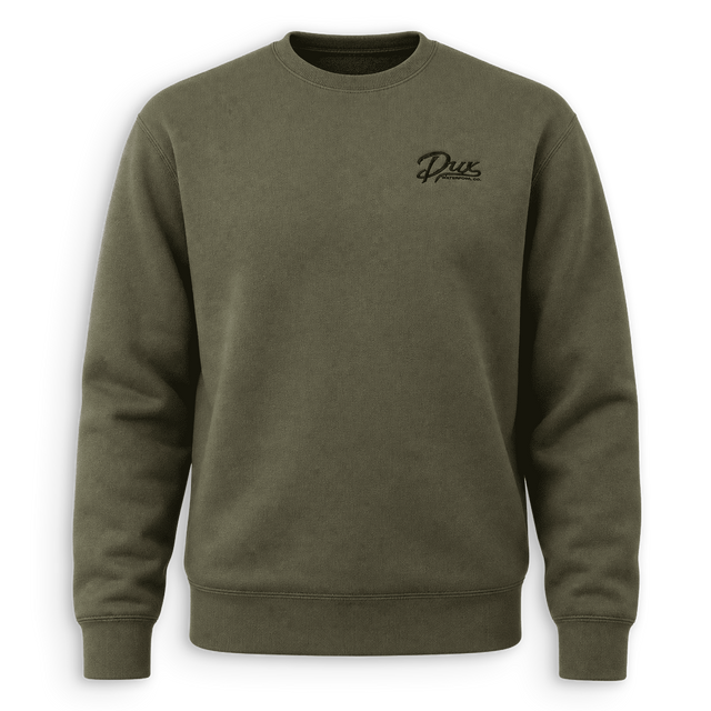 An olive green crewneck sweatshirt with a small black embroidered 'Dux' logo on the left chest, displayed against a clean white background.