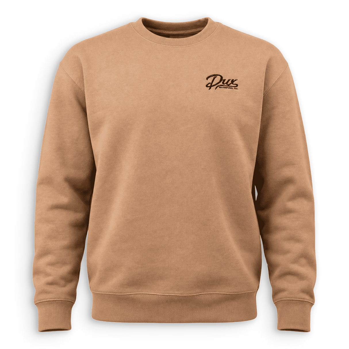 A tan crewneck sweatshirt with a small black cursive 'Dux' logo on the left chest, displayed on a clean white background.