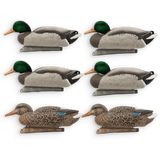 Six duck hunting deco ducks arranged in a 3-by-2 grid on a plain white background. The set includes two mallard-style ducks with green heads and two wood duck-style ducks with brown patterned bodies.