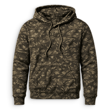 A camouflage pullover hoodie in shades of dark green, brown, and beige, featuring a front kangaroo pocket and drawstring hood, shown against a plain white background.