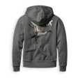 A dark gray zip-up hoodie shown from the back, featuring a detailed graphic of a flying duck and a white 'X' on the upper back, set against a plain white background.
