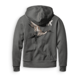 A dark gray zip-up hoodie shown from the back, featuring a detailed graphic of a flying duck and a white 'X' on the upper back, set against a plain white background.