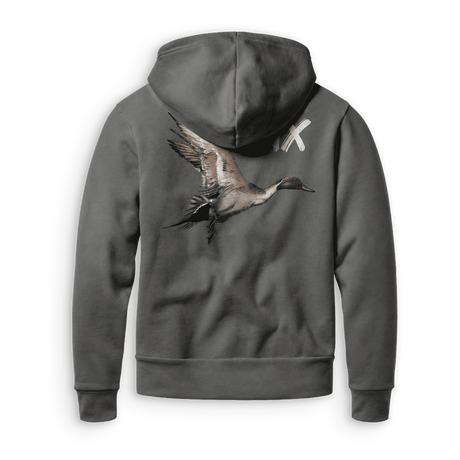 A dark gray zip-up hoodie shown from the back, featuring a detailed graphic of a flying duck and a white 'X' on the upper back, set against a plain white background.