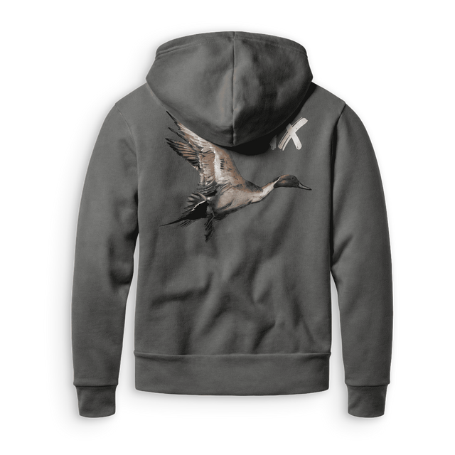 A dark gray zip-up hoodie shown from the back, featuring a detailed graphic of a flying duck and a white 'X' on the upper back, set against a plain white background.