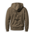 A brown hooded sweatshirt shown from the back, featuring a large dark brown graphic of a duck flying above the text 'DUX WATERFOWL CO.' on a white background.