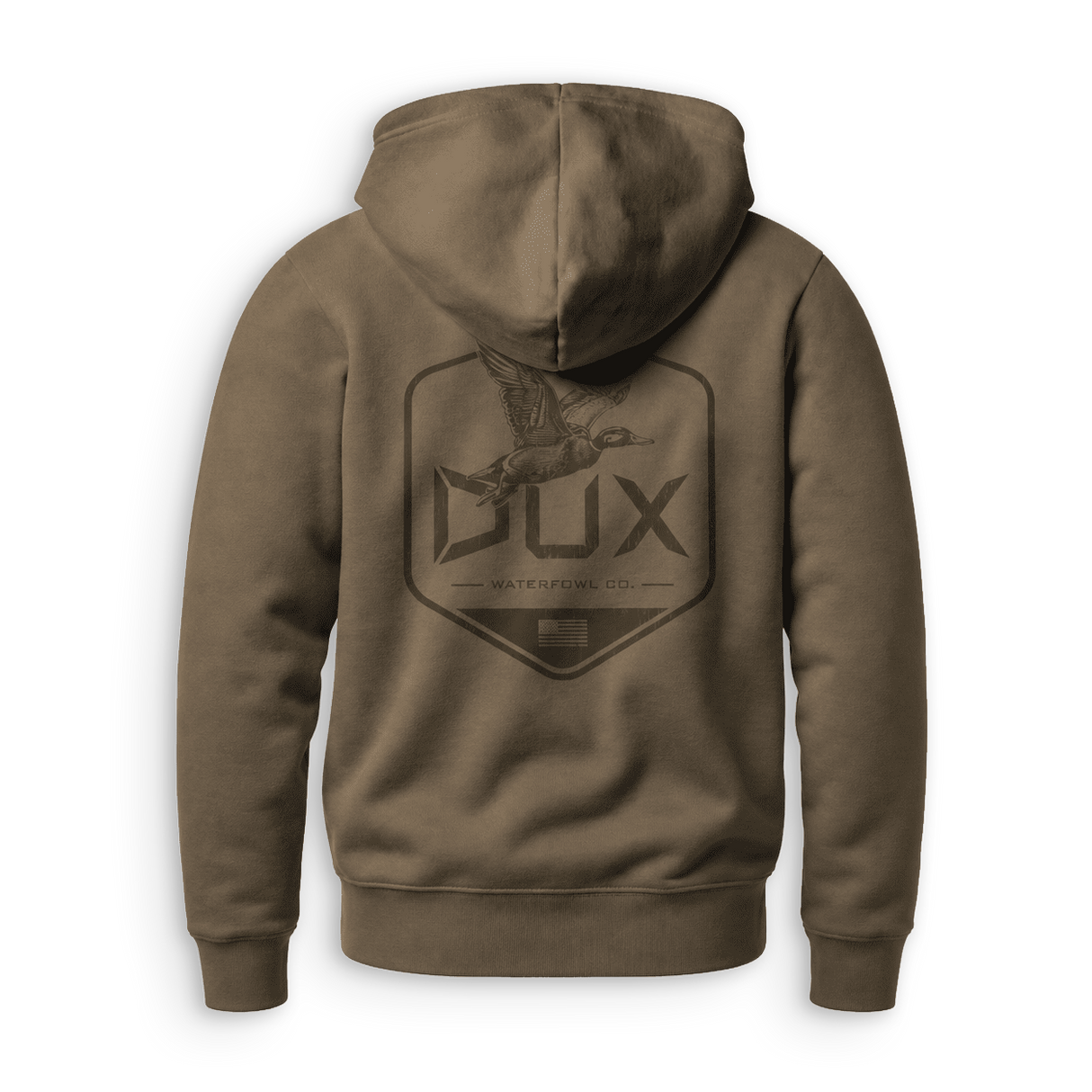 A brown hooded sweatshirt shown from the back, featuring a large dark brown graphic of a duck flying above the text 'DUX WATERFOWL CO.' on a white background.