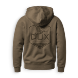 A brown hooded sweatshirt shown from the back, featuring a large dark brown graphic of a duck flying above the text 'DUX WATERFOWL CO.' on a white background.