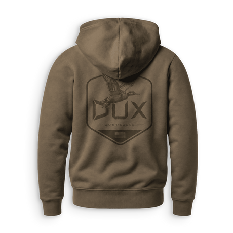 A brown hooded sweatshirt shown from the back, featuring a large dark brown graphic of a duck flying above the text 'DUX WATERFOWL CO.' on a white background.