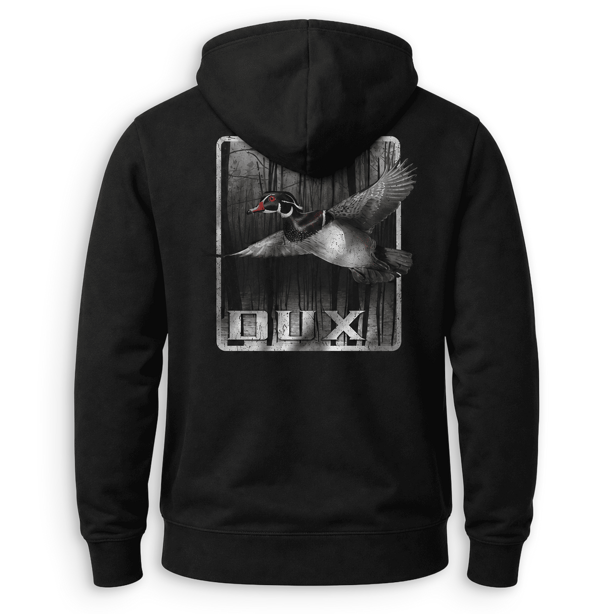 A black pullover hoodie shown from the back, featuring a large graphic print of a flying duck over a wood-plank background with the word 'DUX' in distressed white letters.