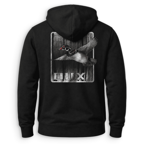 A black pullover hoodie shown from the back, featuring a large graphic print of a flying duck over a wood-plank background with the word 'DUX' in distressed white letters.