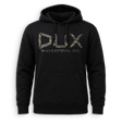A black pullover hoodie with a large 'DUX WATERFOWL CO.' logo printed on the chest in a camouflage pattern, shown against a plain white background.