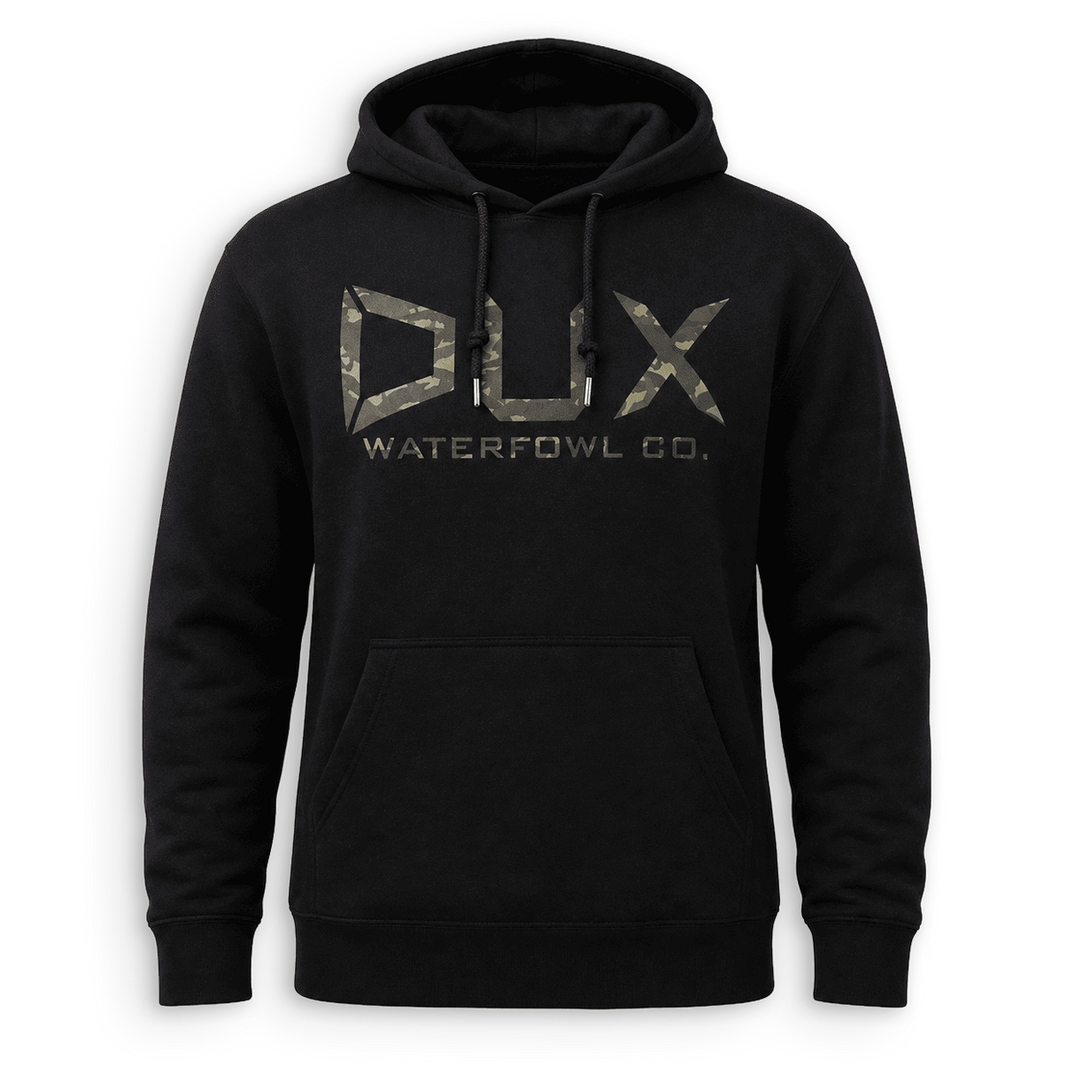 A black pullover hoodie with a large 'DUX WATERFOWL CO.' logo printed on the chest in a camouflage pattern, shown against a plain white background.