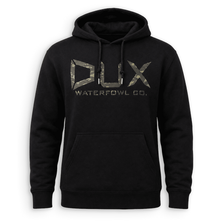 A black pullover hoodie with a large 'DUX WATERFOWL CO.' logo printed on the chest in a camouflage pattern, shown against a plain white background.