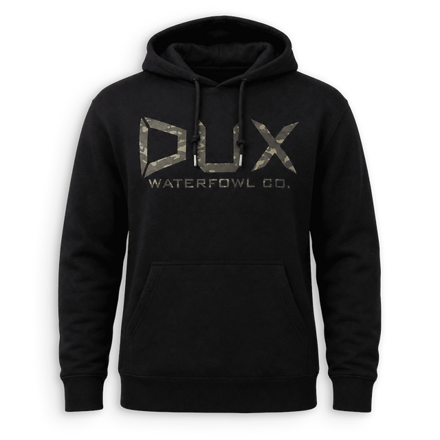A black pullover hoodie with a large 'DUX WATERFOWL CO.' logo printed on the chest in a camouflage pattern, shown against a plain white background.