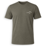 Front view of a green short-sleeved Dove shirt with a hunting scene graphic and the 'DUX' brand logo on the back