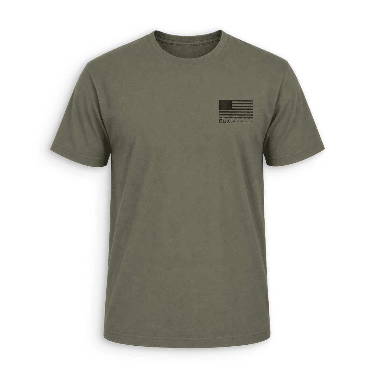 An olive green crewneck t-shirt with a small black distressed American flag graphic on the left chest, displayed on a clean white background.