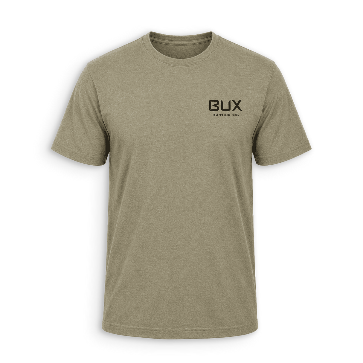 A short-sleeve crewneck t-shirt in heathered khaki with a black 'BUX MARINE CO.' logo printed on the left chest, displayed on a clean white background.