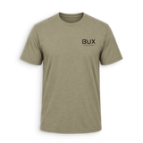 A short-sleeve crewneck t-shirt in heathered khaki with a black 'BUX MARINE CO.' logo printed on the left chest, displayed on a clean white background.