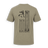 A short-sleeve t-shirt in a heathered khaki color, showing the back view with a distressed black graphic of a deer head and arrows.