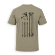 A short-sleeve t-shirt in a heathered khaki color, showing the back view with a distressed black graphic of a deer head and arrows.