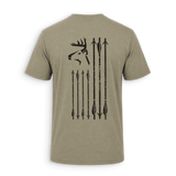 A short-sleeve t-shirt in a heathered khaki color, showing the back view with a distressed black graphic of a deer head and arrows.