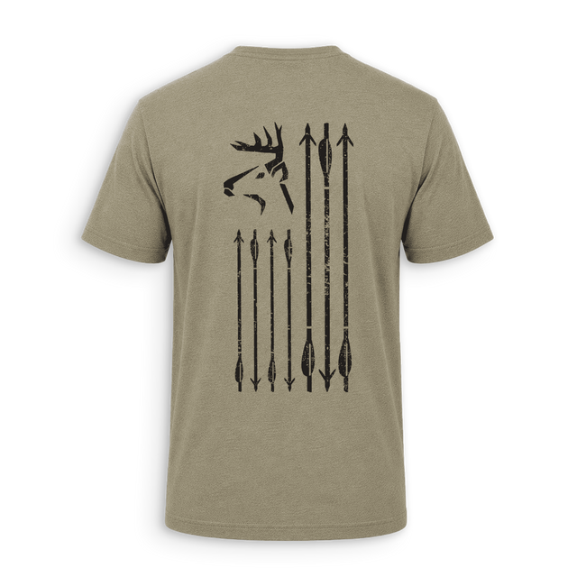 A short-sleeve t-shirt in a heathered khaki color, showing the back view with a distressed black graphic of a deer head and arrows.