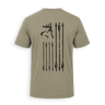 A short-sleeve t-shirt in a heathered khaki color, showing the back view with a distressed black graphic of a deer head and arrows.