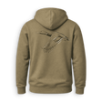 An olive brown hooded sweatshirt shown from the back, featuring a detailed graphic of a flying duck in gray and brown tones.