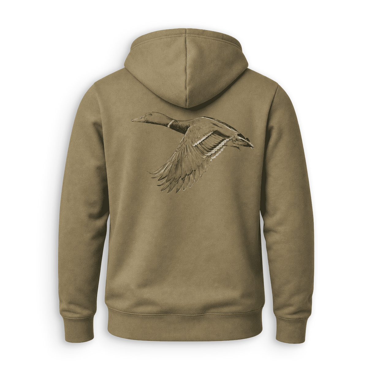 An olive brown hooded sweatshirt shown from the back, featuring a detailed graphic of a flying duck in gray and brown tones.