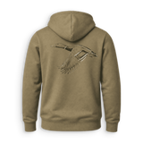An olive brown hooded sweatshirt shown from the back, featuring a detailed graphic of a flying duck in gray and brown tones.