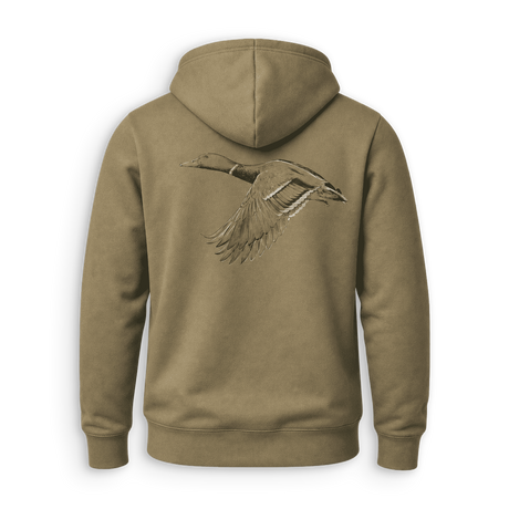 An olive brown hooded sweatshirt shown from the back, featuring a detailed graphic of a flying duck in gray and brown tones.