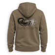 A brown hooded sweatshirt shown from the back, featuring a large graphic of a waterfowl feather in black and white, with the text 'DUX WATERFOWL CO.' printed below.