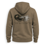 A brown hooded sweatshirt shown from the back, featuring a large graphic of a waterfowl feather in black and white, with the text 'DUX WATERFOWL CO.' printed below.