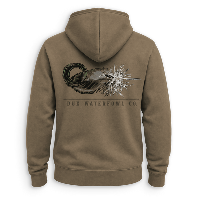 A brown hooded sweatshirt shown from the back, featuring a large graphic of a waterfowl feather in black and white, with the text 'DUX WATERFOWL CO.' printed below.