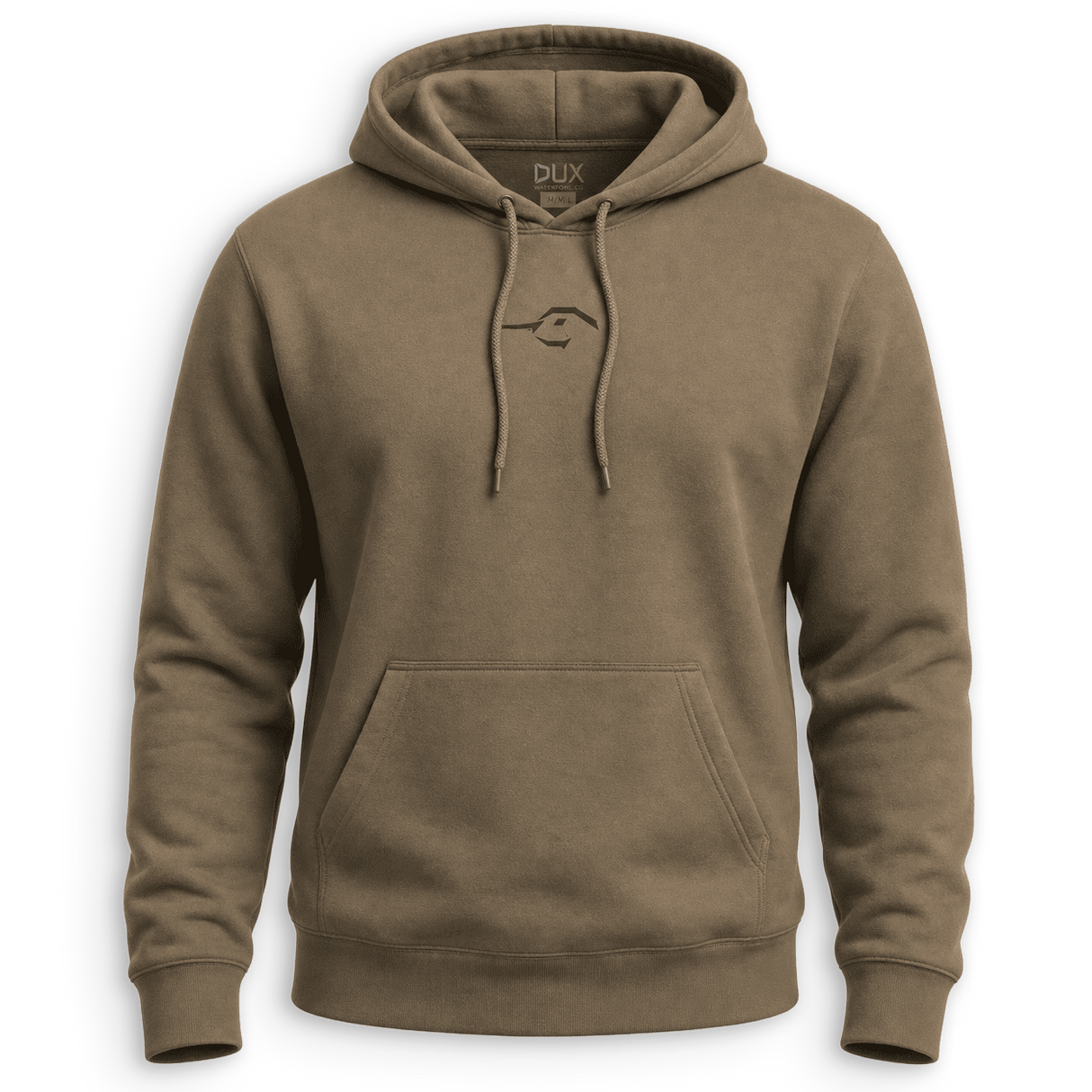 A brown pullover hoodie with a drawstring hood, kangaroo pocket, and a small embroidered bird logo on the chest, shown against a plain white background.
