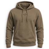 A brown pullover hoodie with a drawstring hood, kangaroo pocket, and a small embroidered bird logo on the chest, shown against a plain white background.