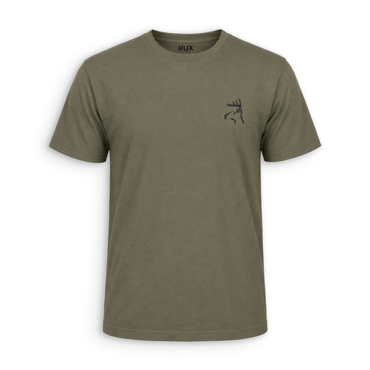 An olive green short-sleeve crewneck t-shirt with a small black embroidered bird logo on the left chest, displayed on a clean white background.