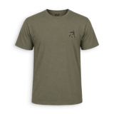 An olive green short-sleeve crewneck t-shirt with a small black embroidered bird logo on the left chest, displayed on a clean white background.