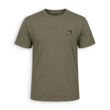An olive green short-sleeve crewneck t-shirt with a small black embroidered bird logo on the left chest, displayed on a clean white background.