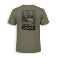 An olive green short-sleeve t-shirt shown from the back, featuring a large rectangular graphic print of a deer in a forest with the text 'Bux BUNTING CO.'.