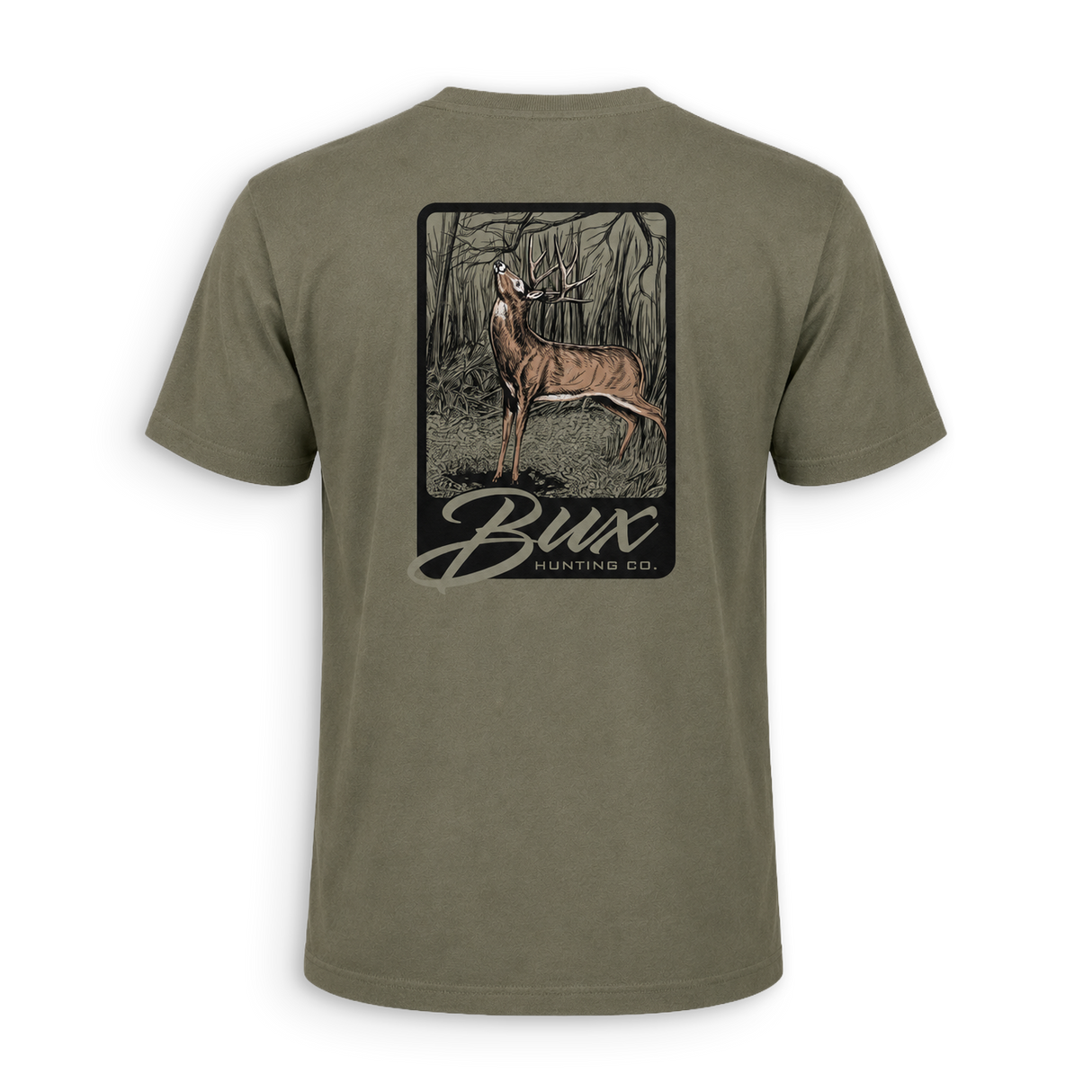 An olive green short-sleeve t-shirt shown from the back, featuring a large rectangular graphic print of a deer in a forest with the text 'Bux BUNTING CO.'.