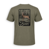 An olive green short-sleeve t-shirt shown from the back, featuring a large rectangular graphic print of a deer in a forest with the text 'Bux BUNTING CO.'.
