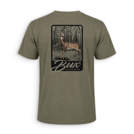 An olive green short-sleeve t-shirt shown from the back, featuring a large rectangular graphic print of a deer in a forest with the text 'Bux BUNTING CO.'.